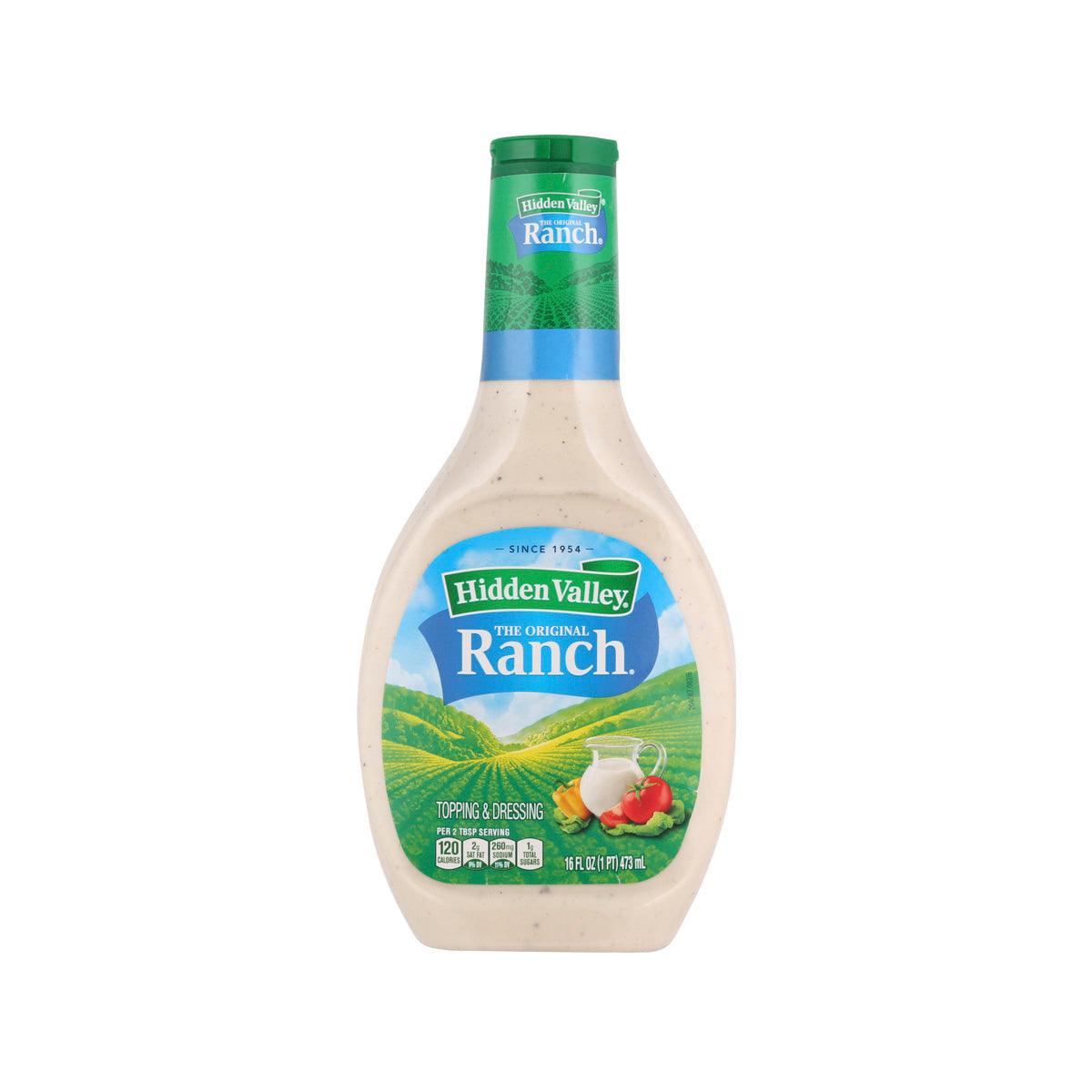 Ranch dressing bottle with green cap and Hidden Valley Ranch label.