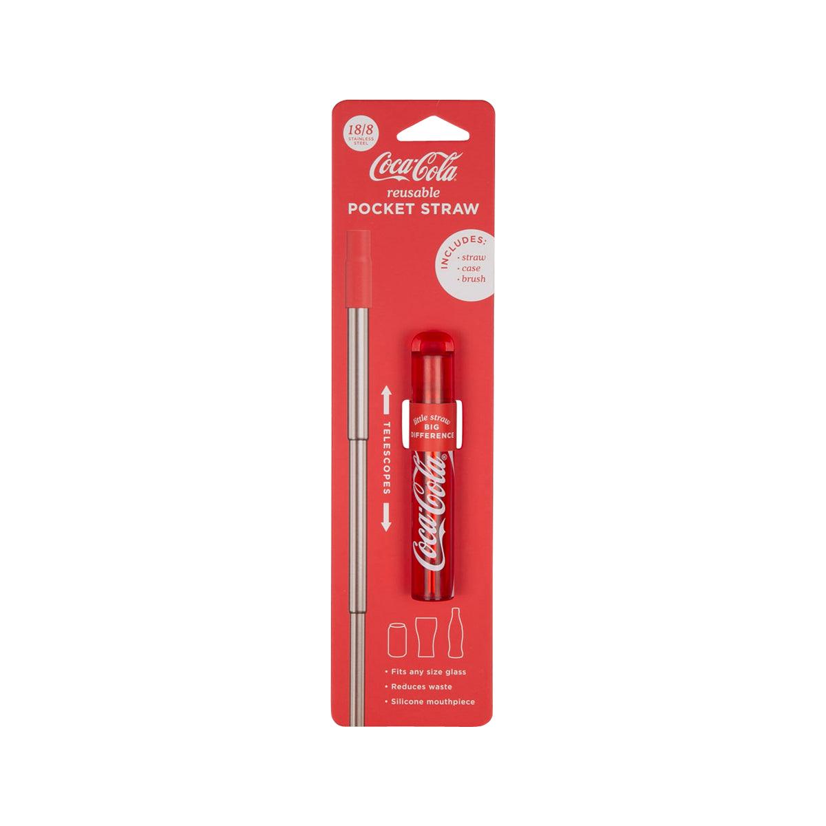 Reusable Coca-Cola pocket straw with protective cap, red, packaged on blister card