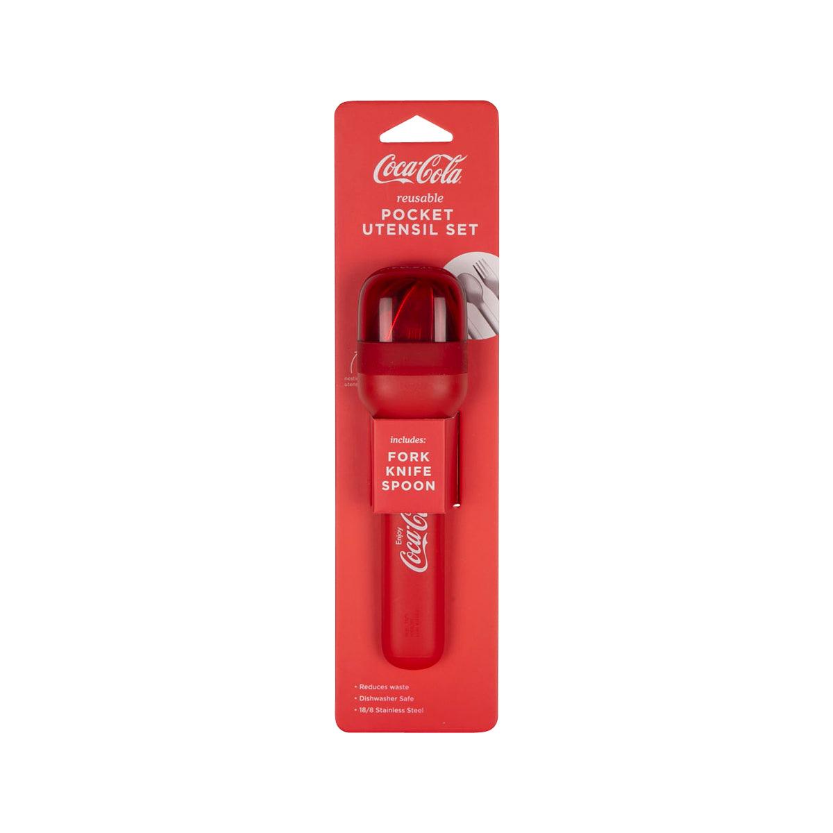 Red pocket utensil set with fork, knife, and spoon in a carrying case