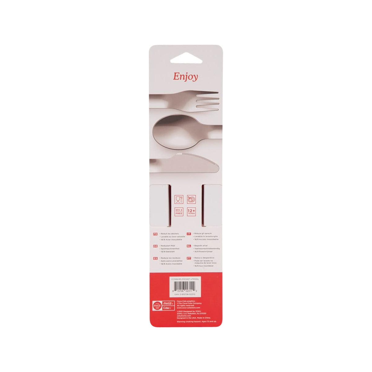 Pocket utensil set backing card with fork, knife, and spoon silhouettes