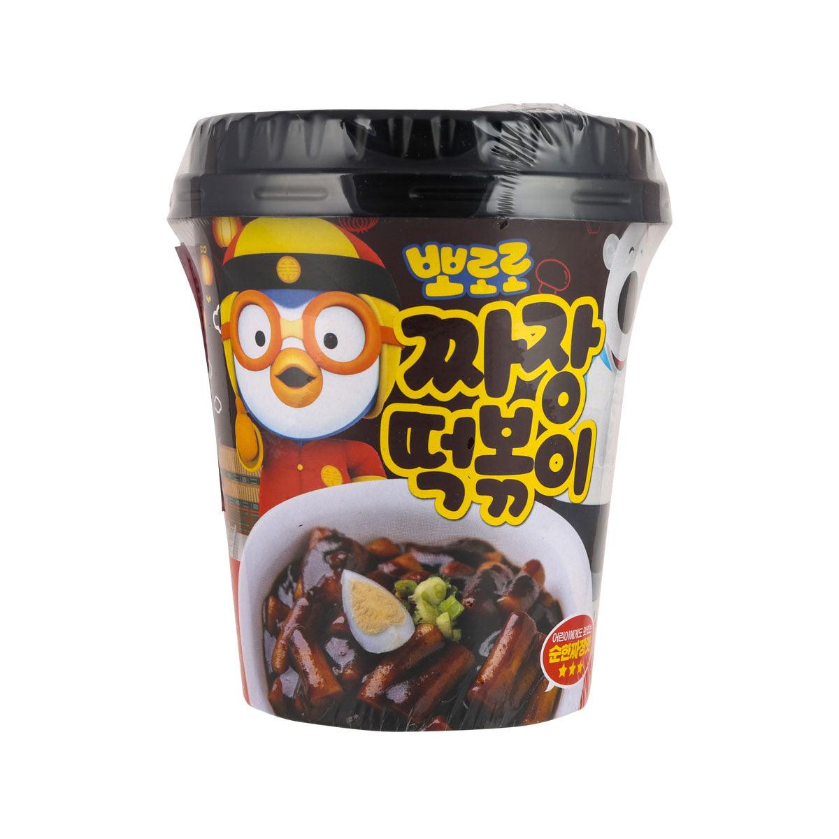 Instant jjajang tteokbokki cup with Pororo character graphic, front view, 110 g