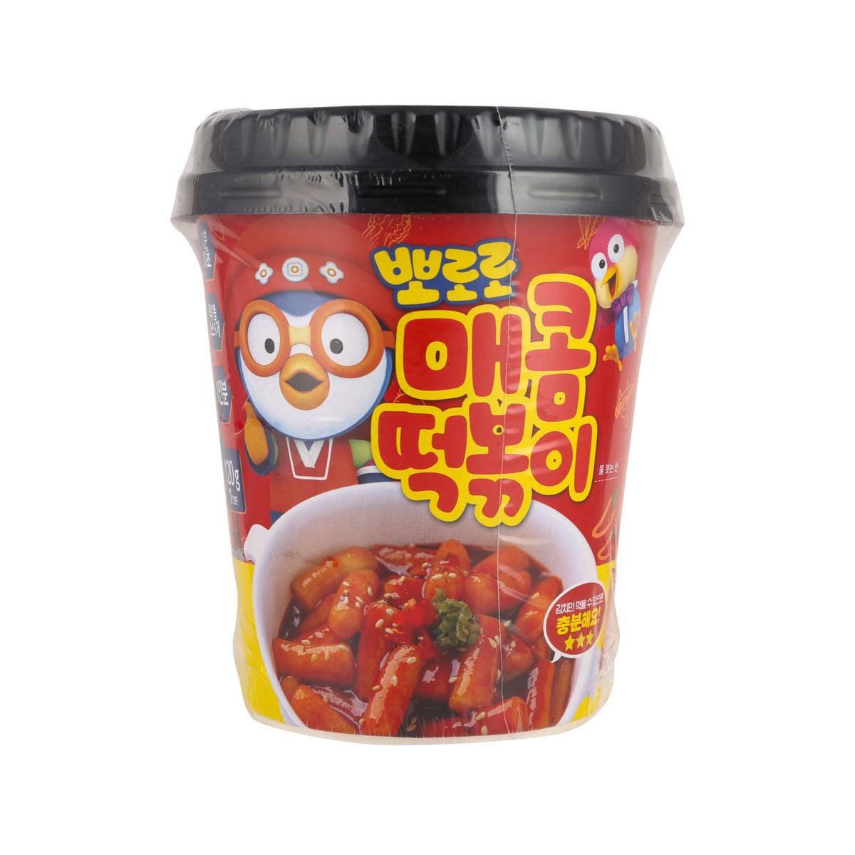 Spicy tteokbokki ramen cup with Pororo character and chili sauce graphic (120g)