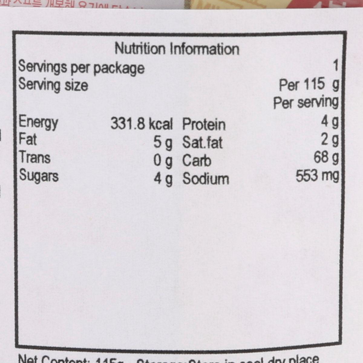 Nutrition facts label with servings per package and per-115 g calories and macros
