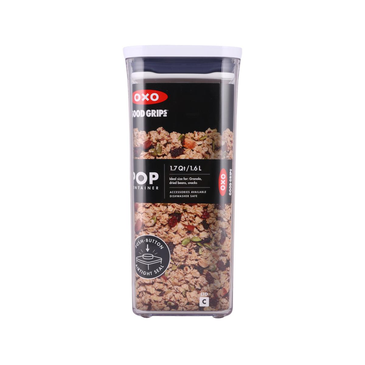 OXO POP small container with dark lid, clear plastic, filled with mixed chips