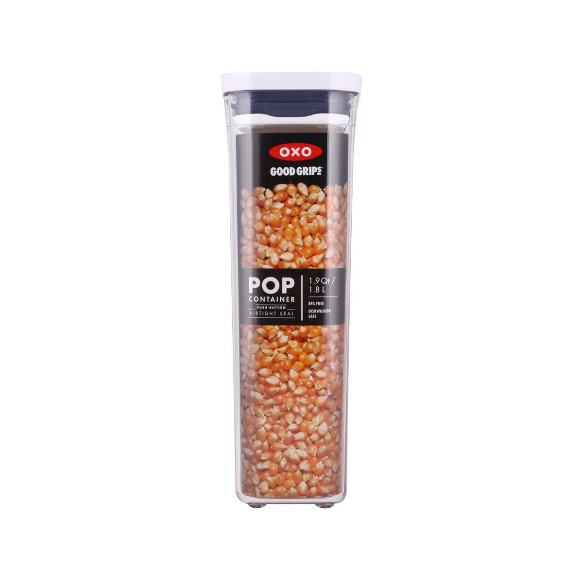 OXO POP slim rectangular food container, clear plastic with white lid, 1.9Qt