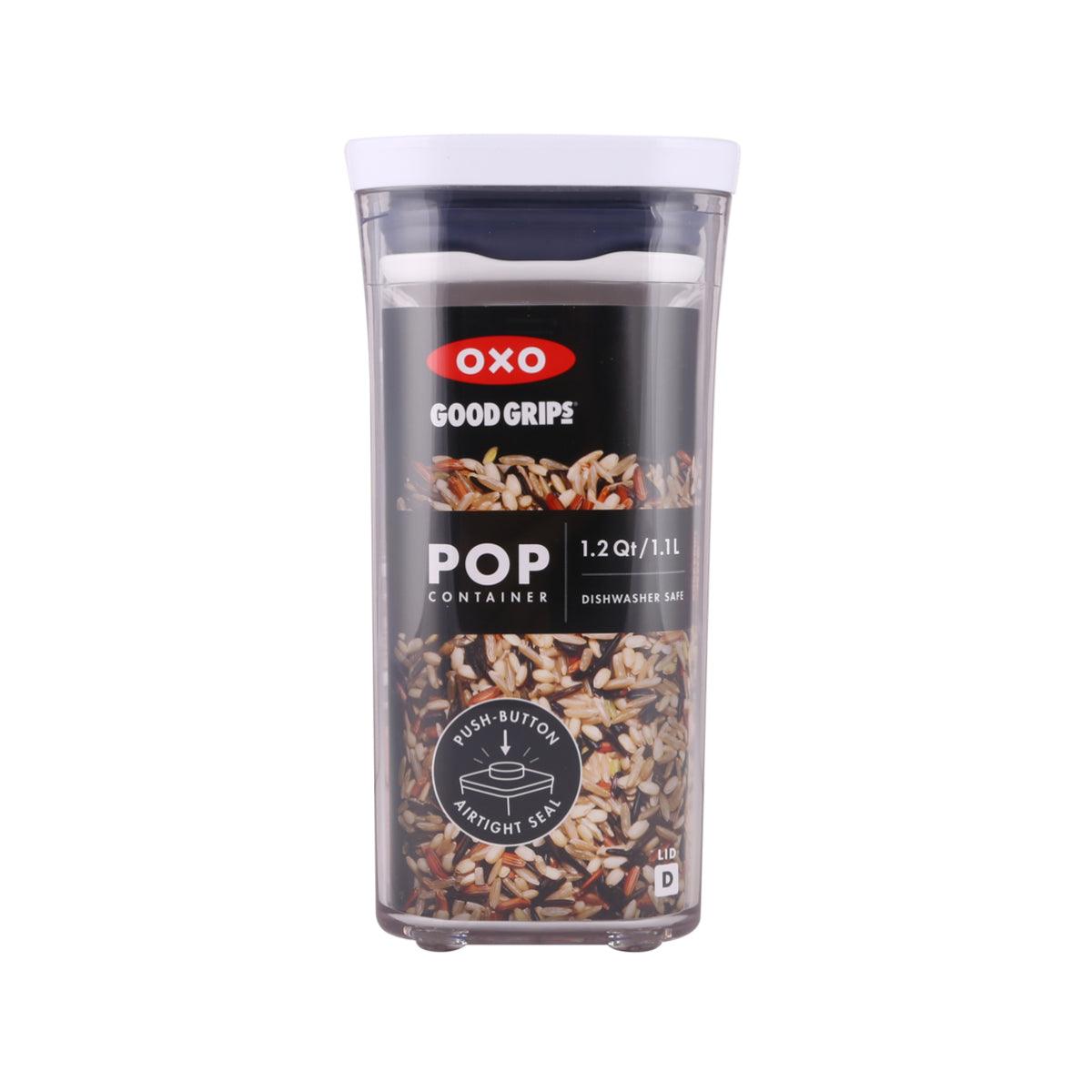 OXO slim rectangular pop container with clear body and gray push-button lid, 1.2 qt