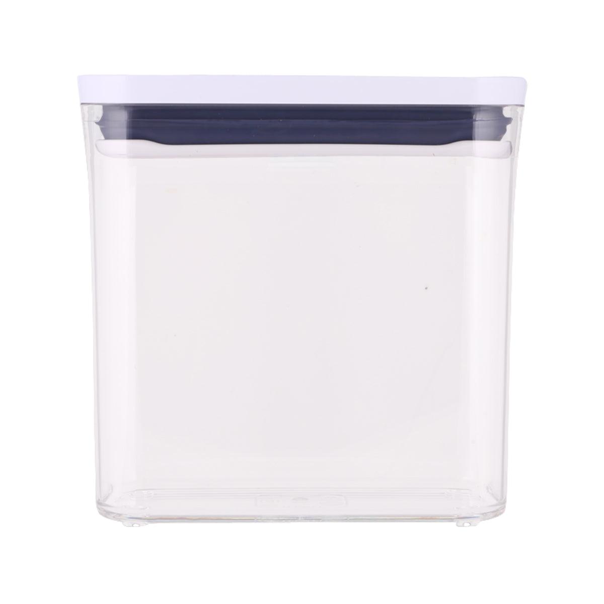 OXO pop container with clear rectangular body and gray-sealed lid