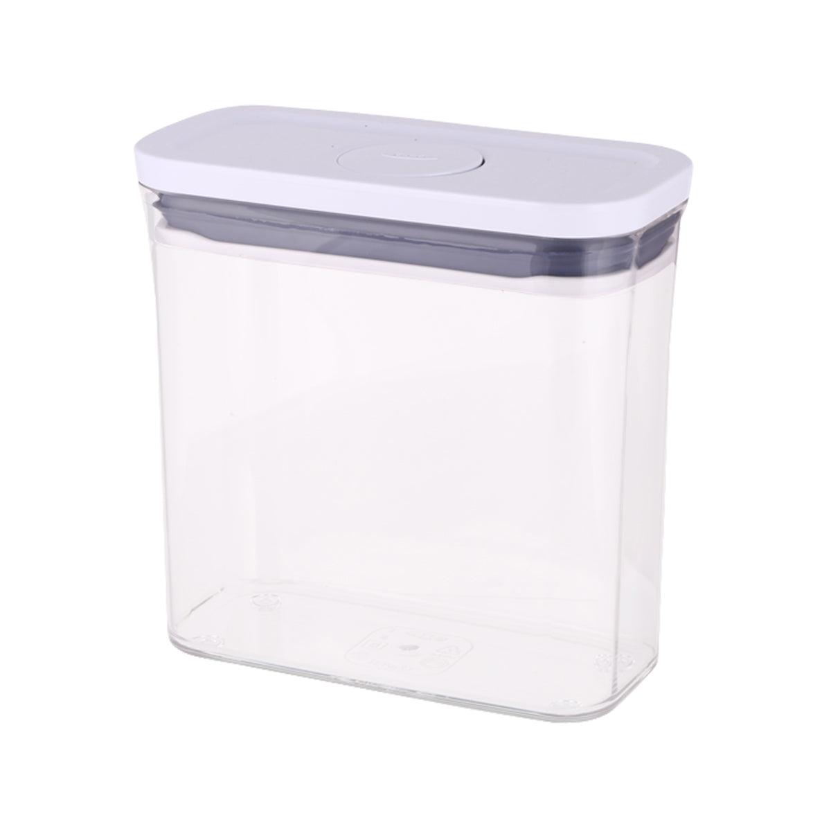OXO pop container with clear body, gray lid edge, and push-button top