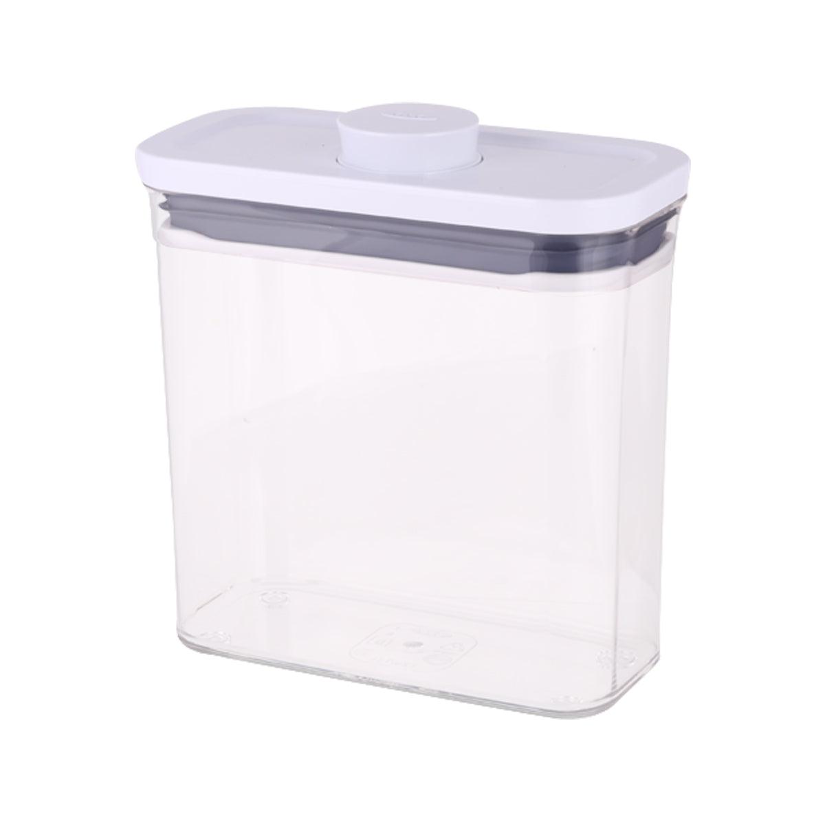 OXO pop container with clear body and gray sealed lid, angled view