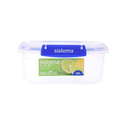 1L rectangle food storage container, clear plastic with blue clip lid