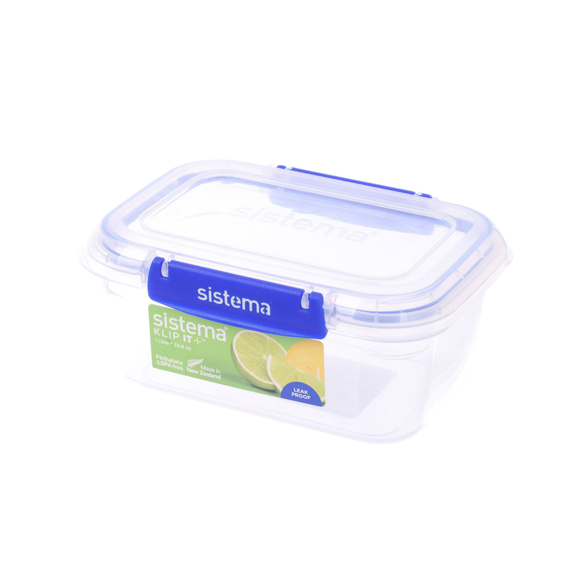 Rectangle storage container with clear body and blue hinged clips, leakproof lid