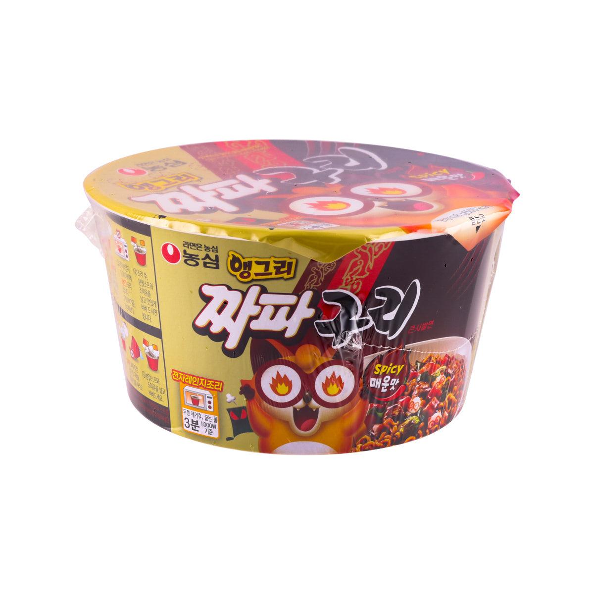 Spicy noodle cup with NONG SHIM Angry Chapaguri side label, flame and noodle graphics