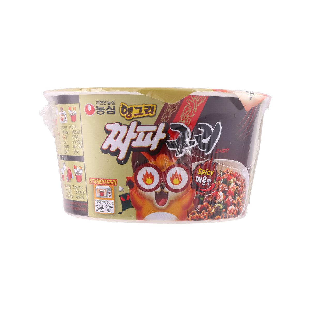 Spicy noodle cup in clear wrap with side label featuring flame-eyed cartoon and noodles