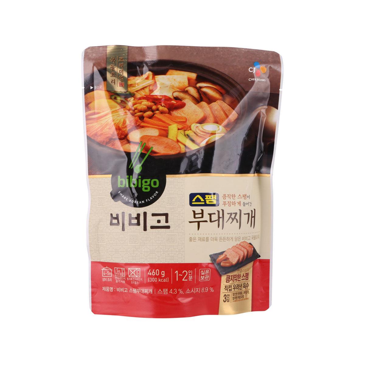 BIBIGO Budae Jjigae stew pouch, 460g, spicy instant soup with meat and vegetables