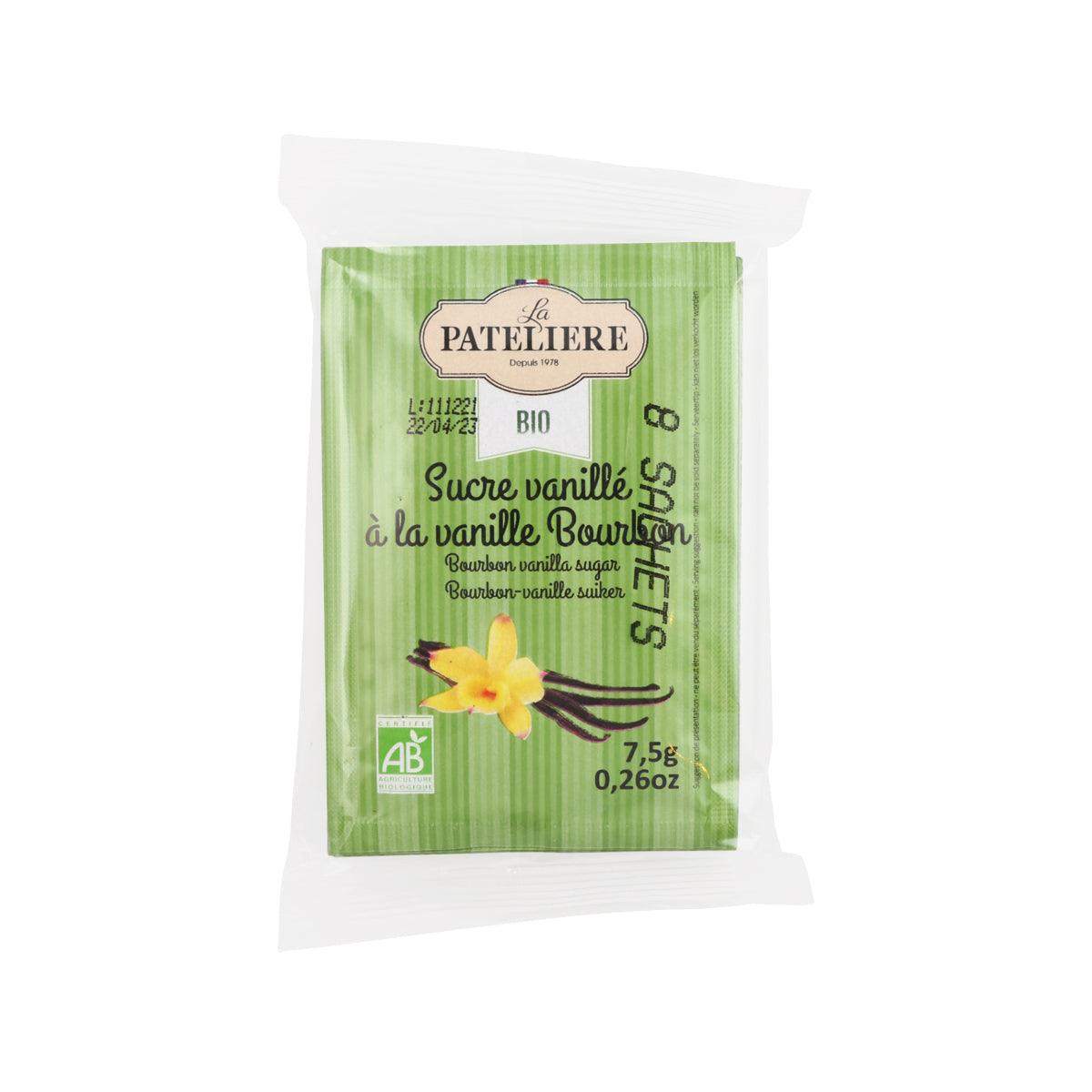 Organic bourbon vanilla sugar packet with green front label and vanilla illustration