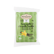 Organic bourbon vanilla sugar packet with green front label and vanilla illustration