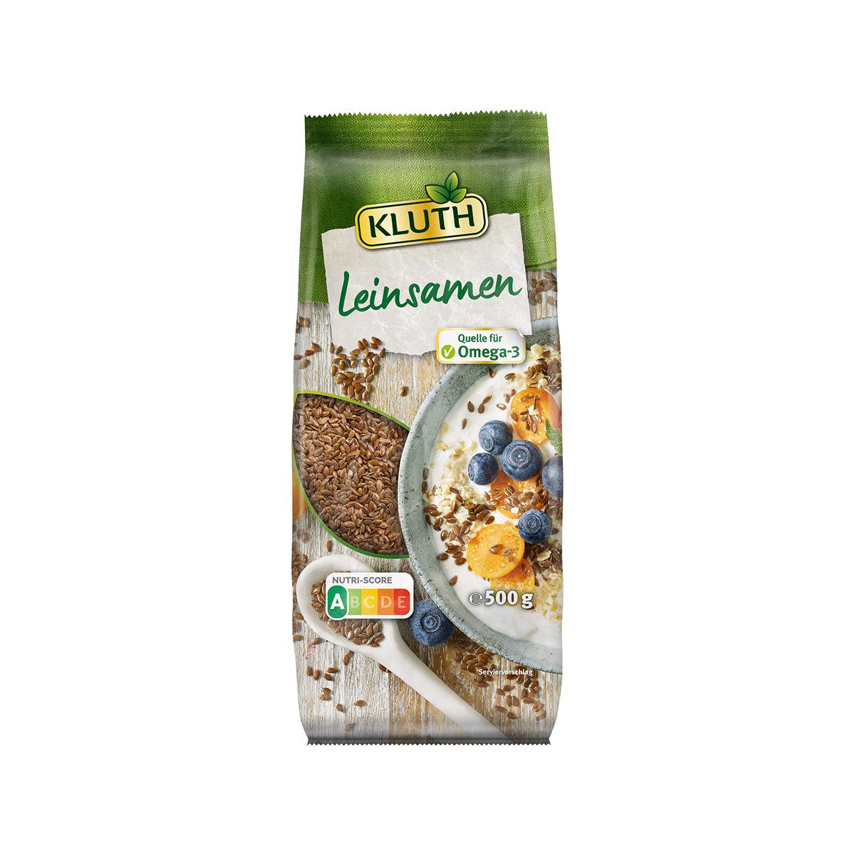 KLUTH raw flaxseeds pouch, green stand-up bag with seed illustration and 500 g label