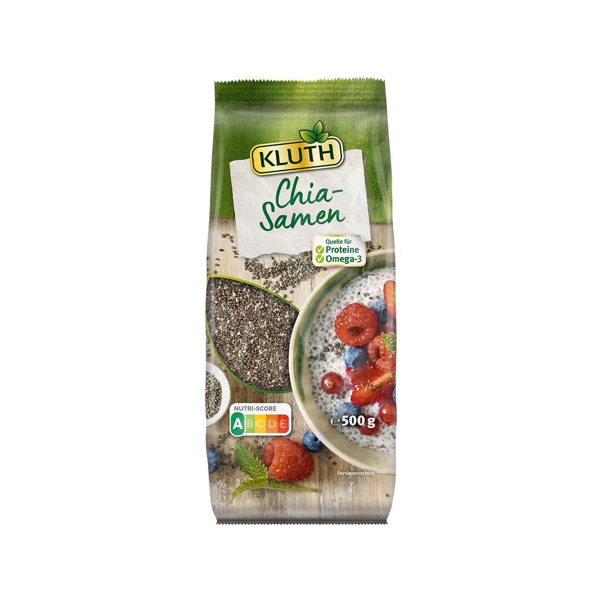KLUTH raw chia seeds 500g bag with green packaging and chia seed graphics