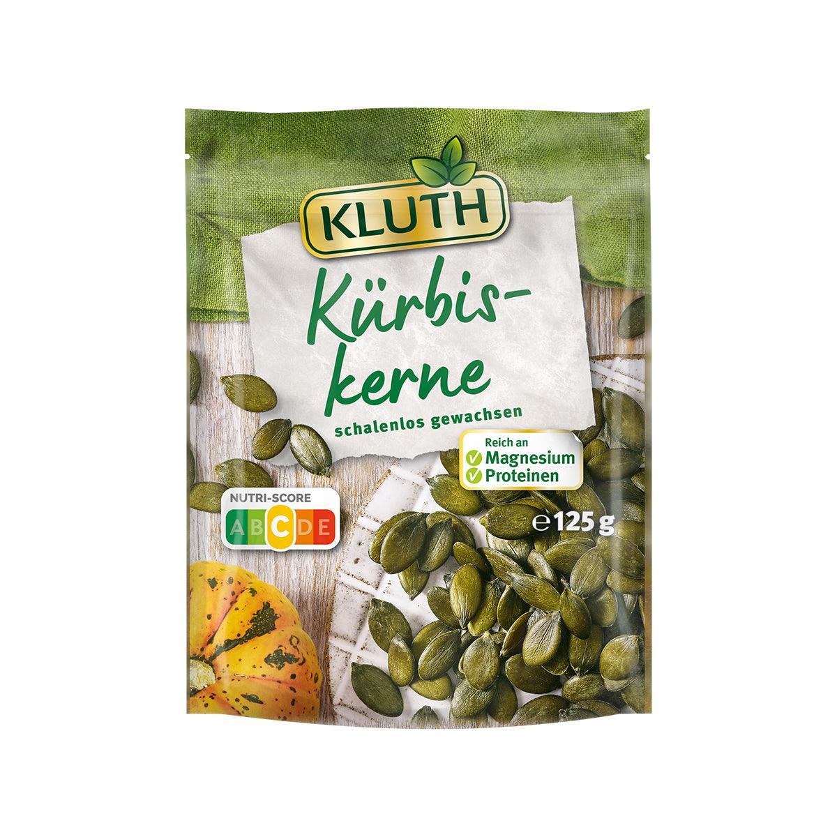 KLUTH raw pumpkin seeds bag, 125 g, green and white packaging