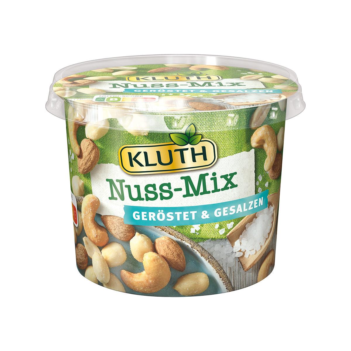 KLUTH roasted & salted mixed nuts tub, clear lid, green label with nut mix graphics