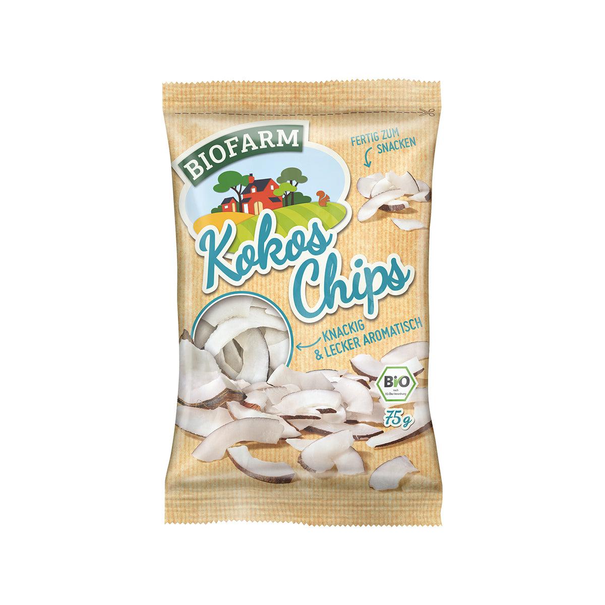 Organic coconut chips, 75g bag with visible coconut flakes on the front