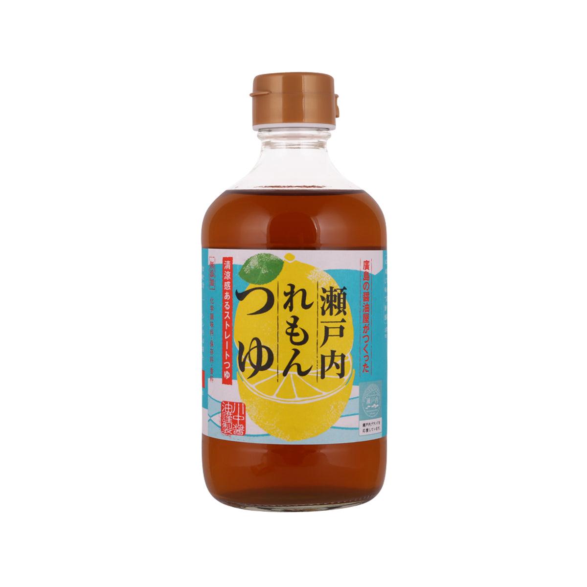 Amber noodle sauce bottle with blue front label and lemon illustration