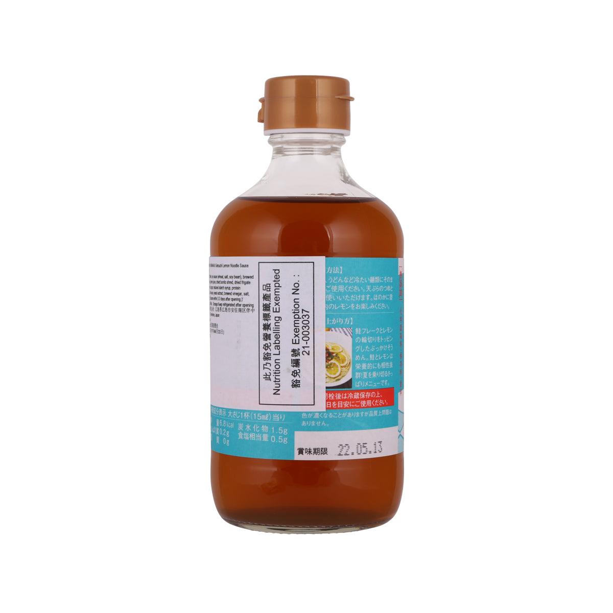 Amber noodle sauce bottle with blue back label and nutrition information