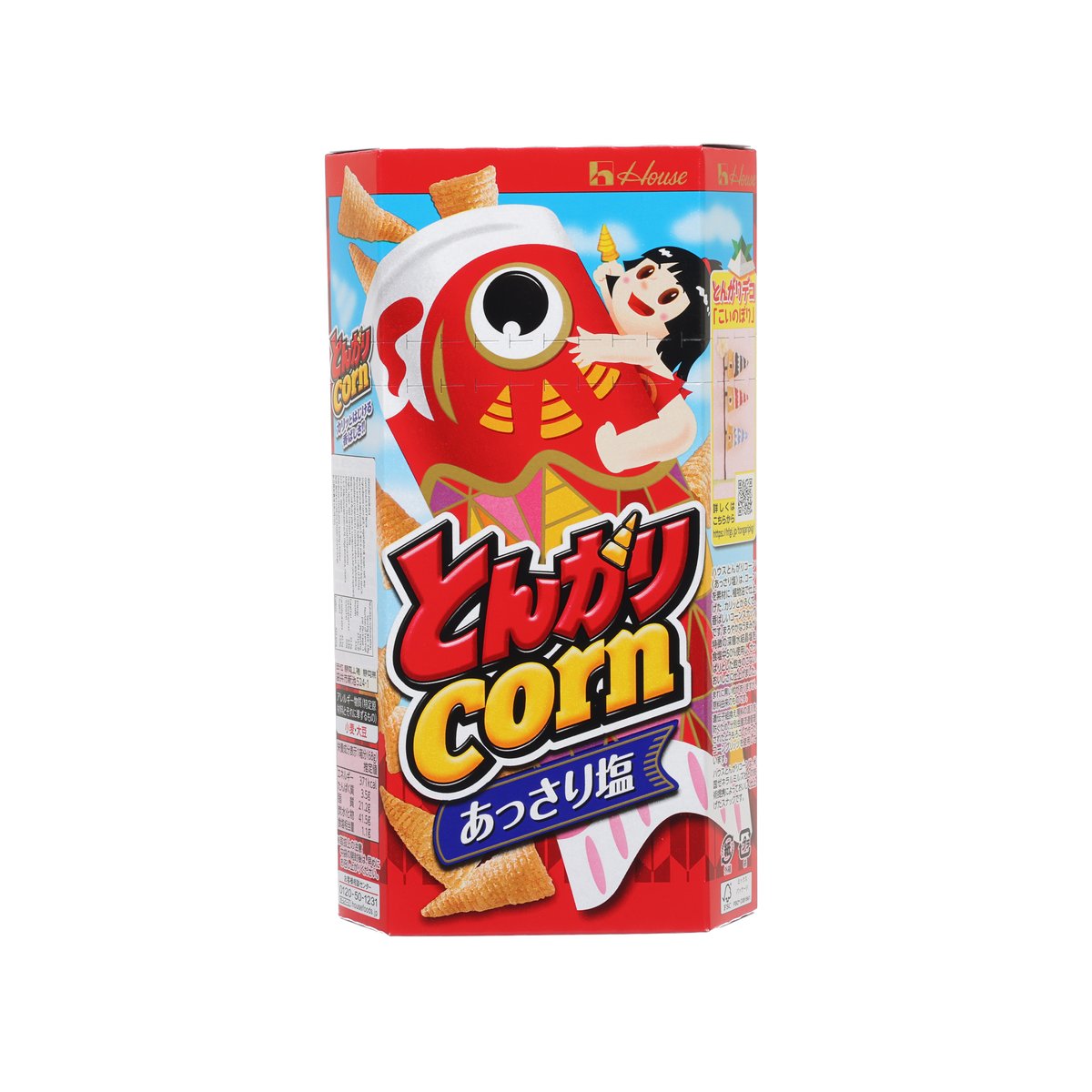 HOUSE salted corn snack package with red mascot artwork and crunchy tongari corn