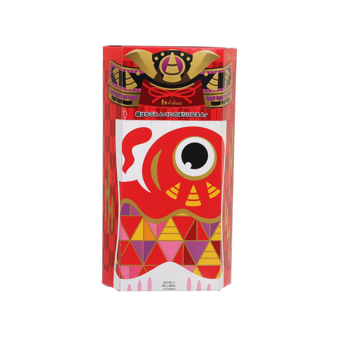 HOUSE corn snack package with red graphic eye mascot and geometric pattern