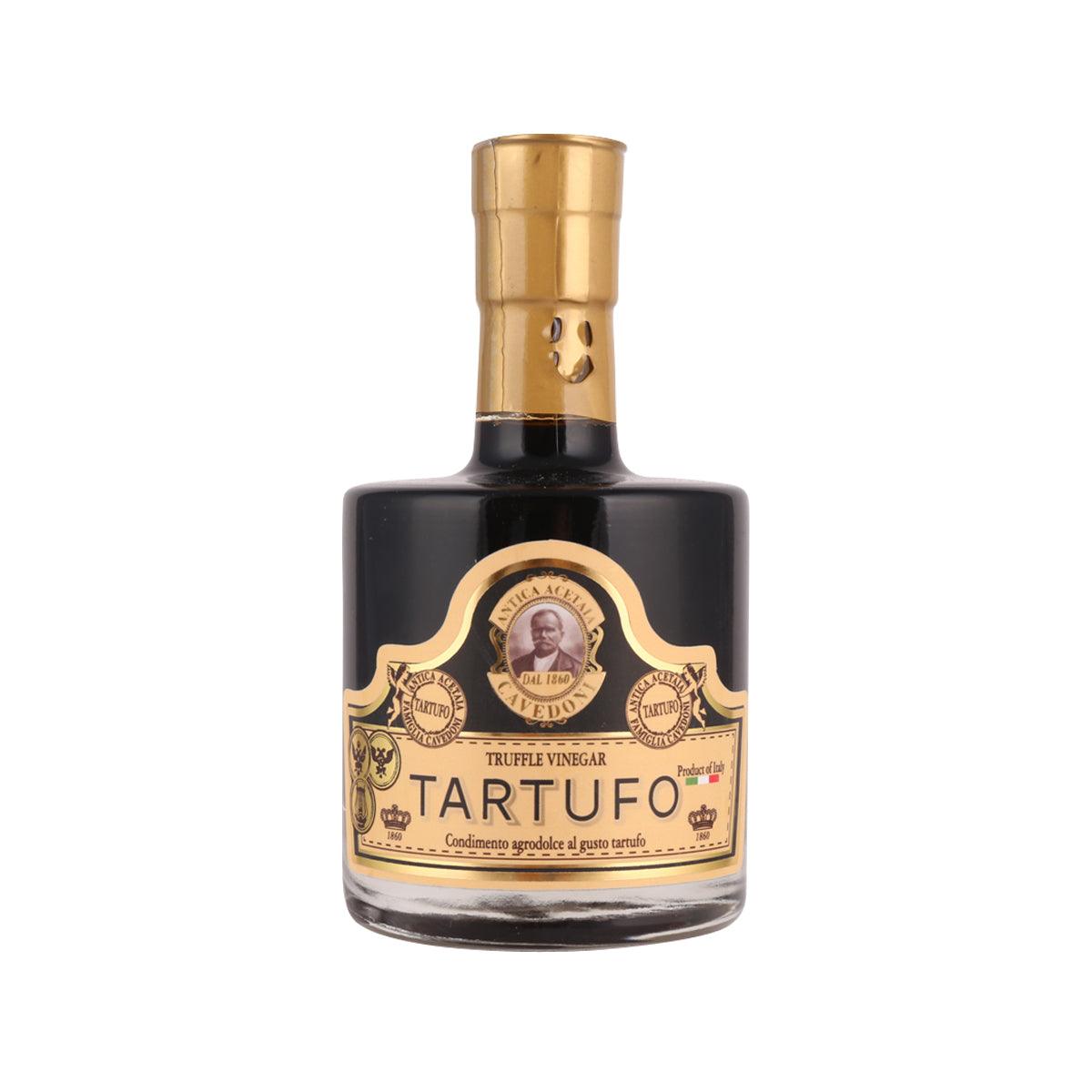 CAVEDONI truffle balsamic vinegar bottle with dark glass and gold cap and label