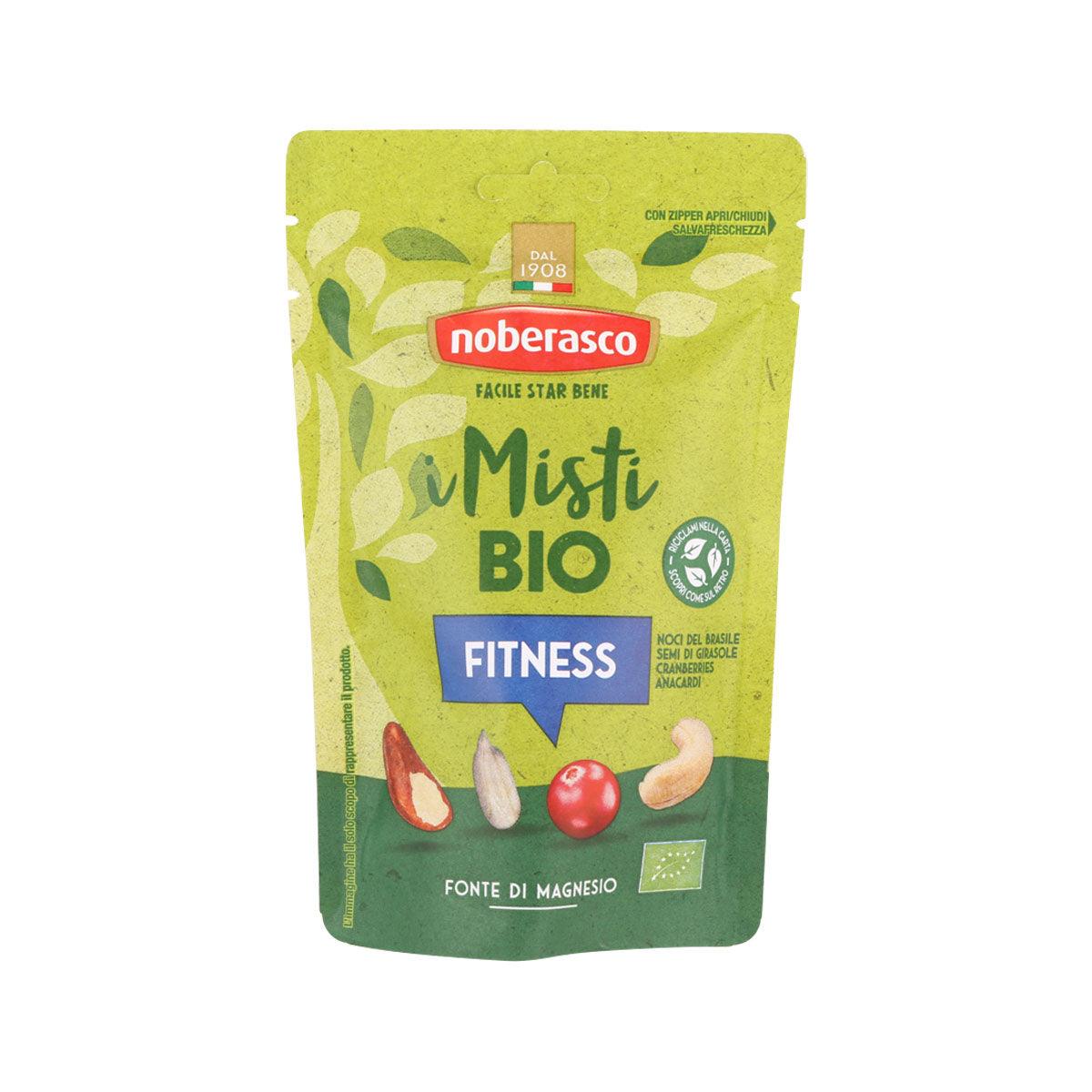 Green pouch for Noberasco organic fitness nut mix with nut illustrations and logo