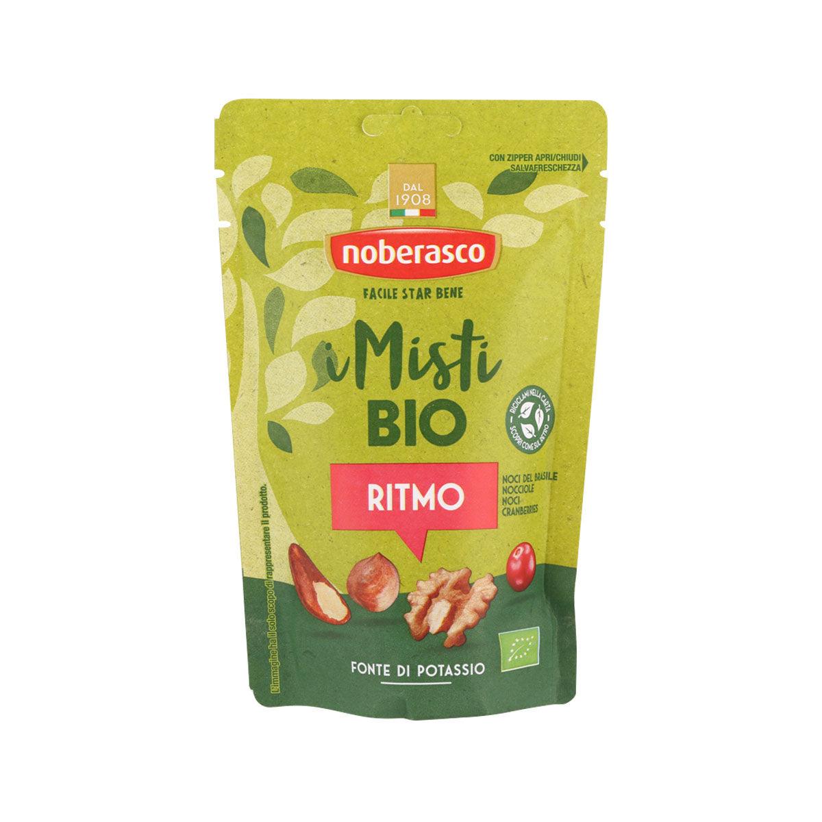 Organic nut mix pouch, green stand-up bag with Noberasco branding and logo