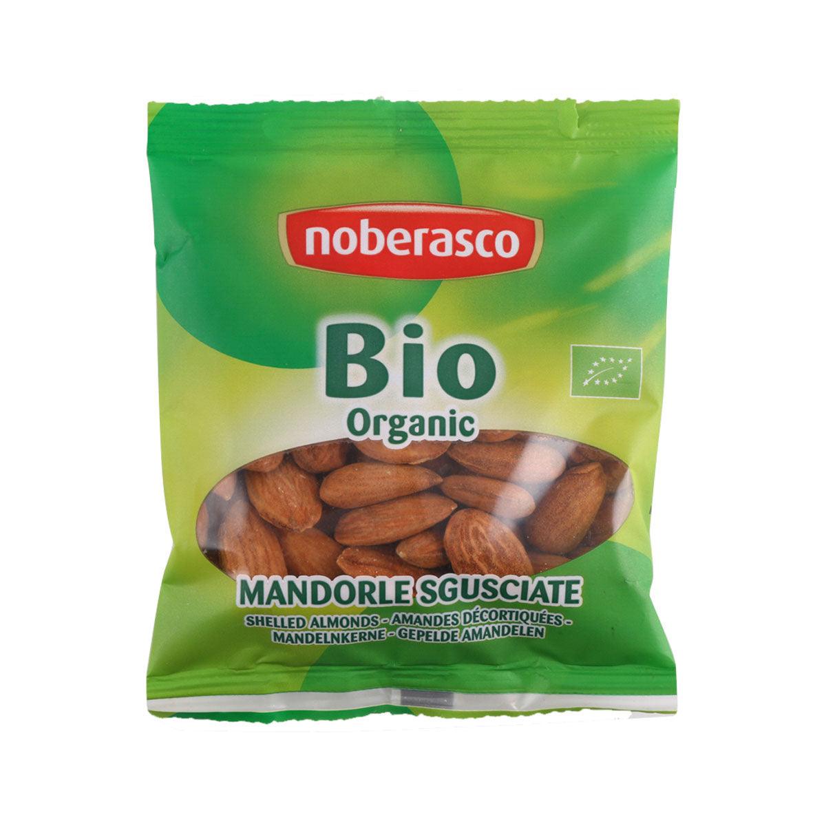 NOBERASCO Bio organic shelled almonds pouch with green packaging and almond kernels visible