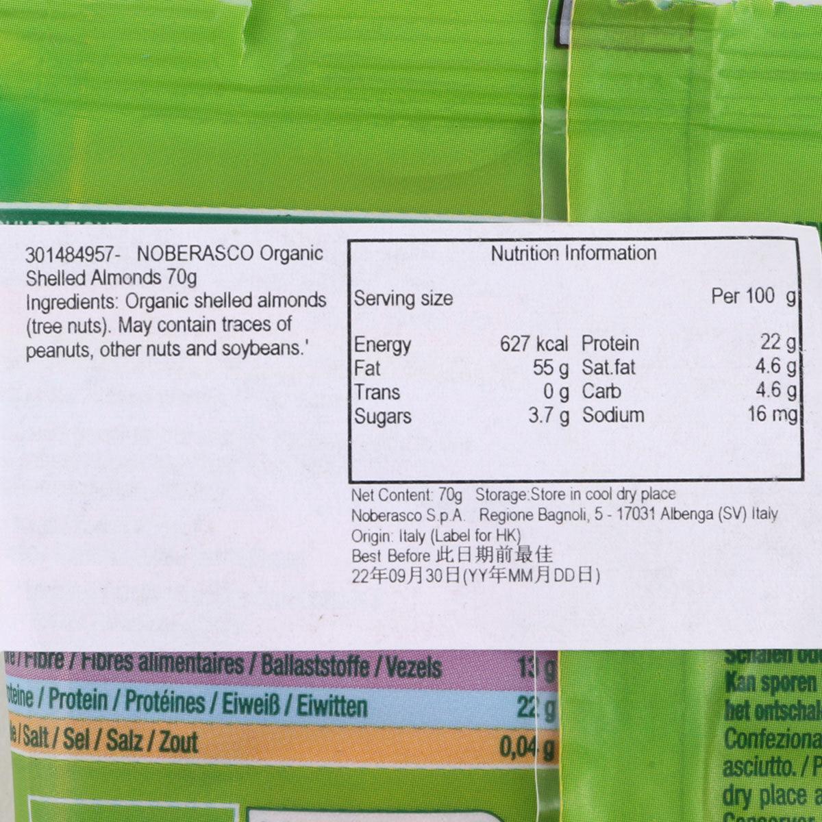 NOBERASCO organic shelled almonds nutrition facts label on green pouch