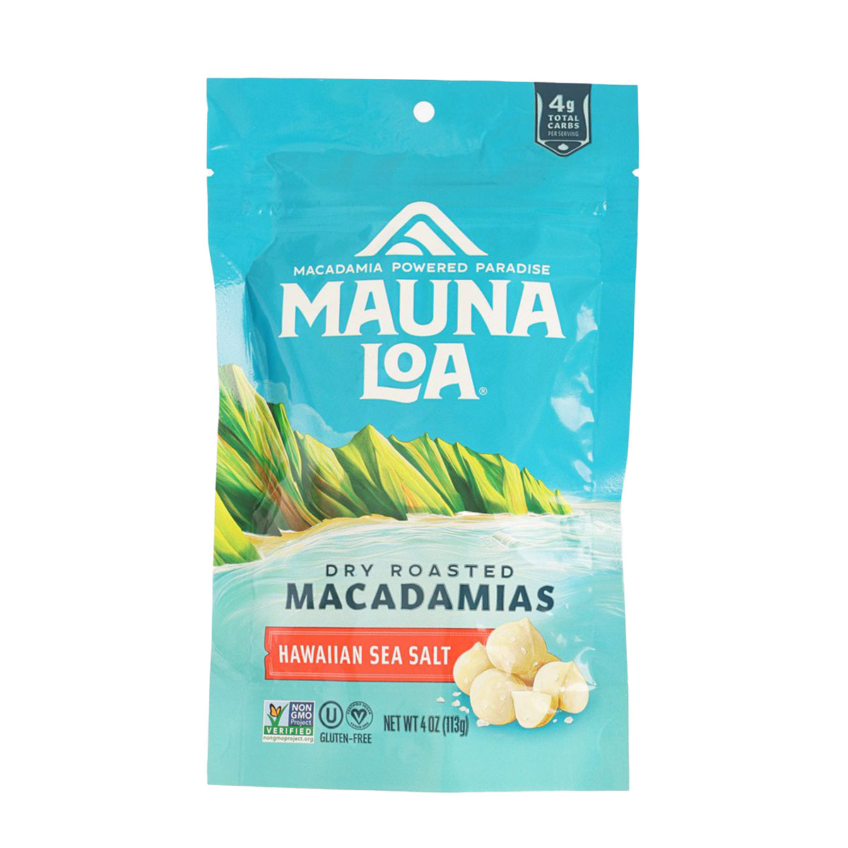 Dry roasted macadamias with Hawaiian sea salt, resealable 4 oz bag