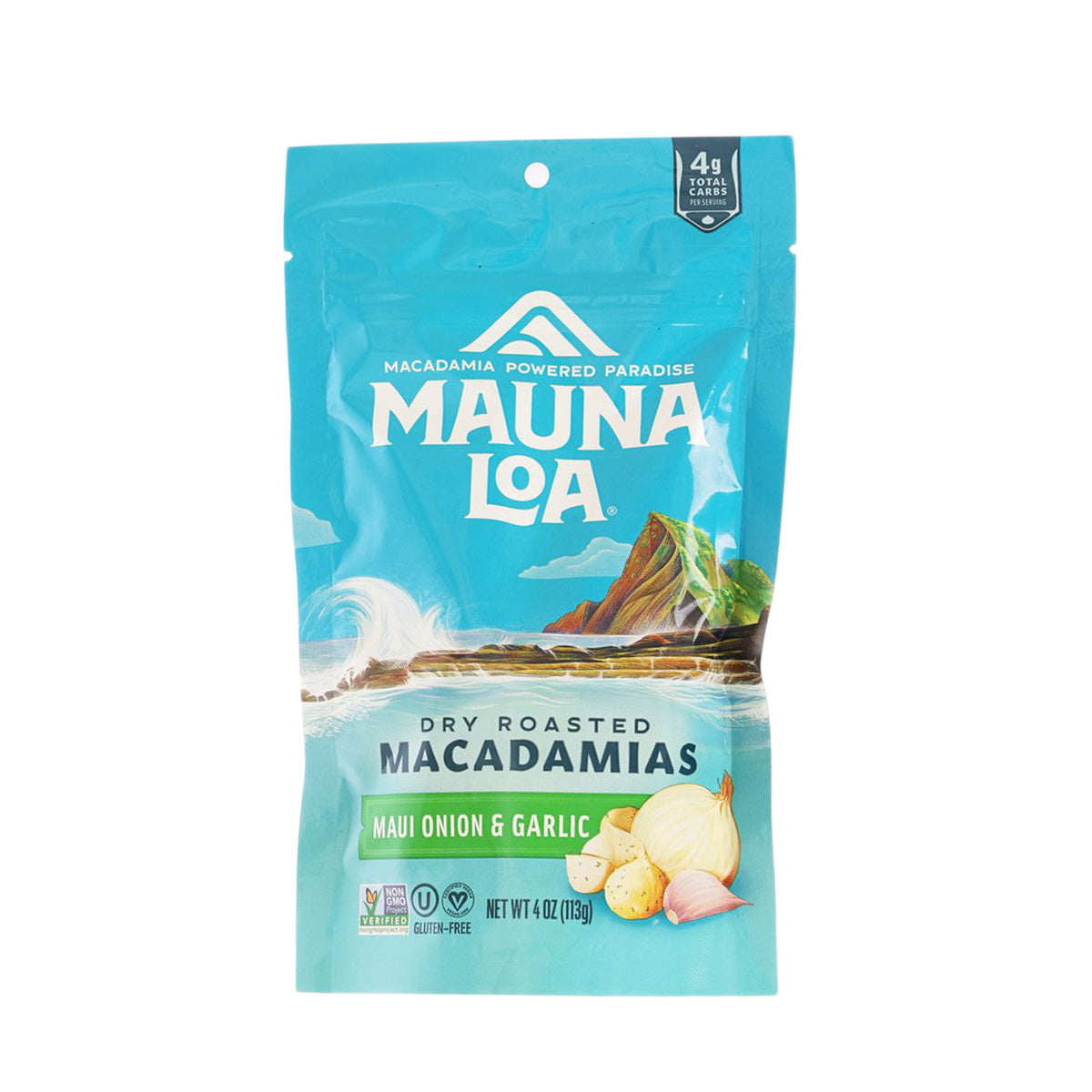 MAUNALOA dry roasted macadamias, Maui onion & garlic, stand-up snack bag