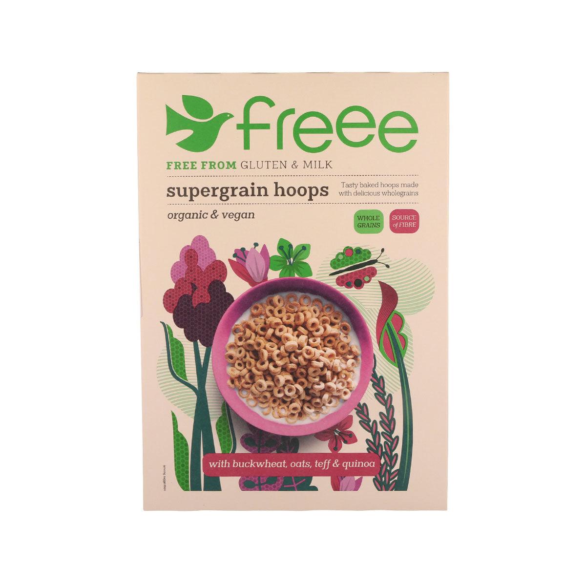 freee supergrain hoops gluten-free cereal bag with bowl of hoops, 300g