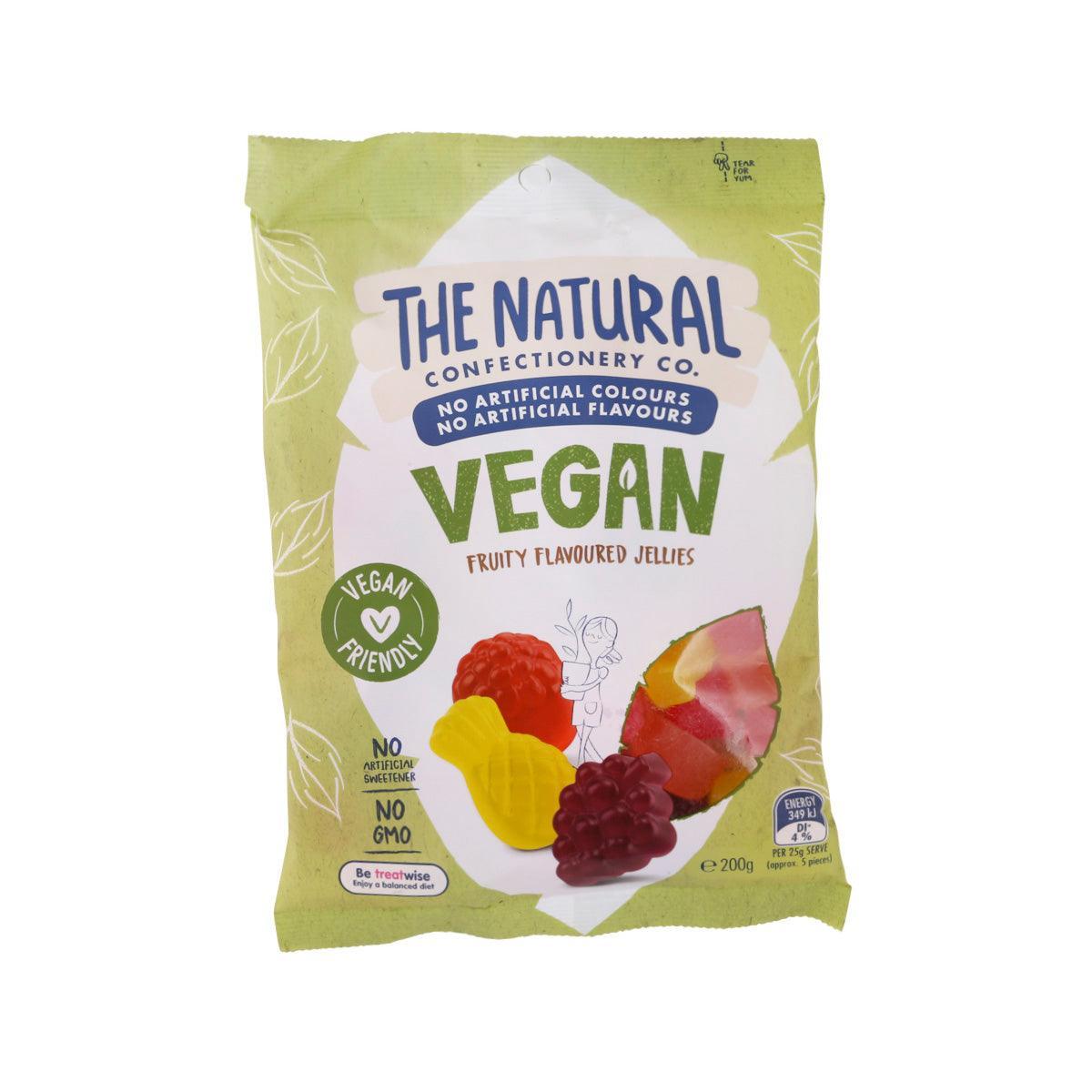 Vegan fruity flavored jelly confectionery pouch, pale green with fruit illustrations.
