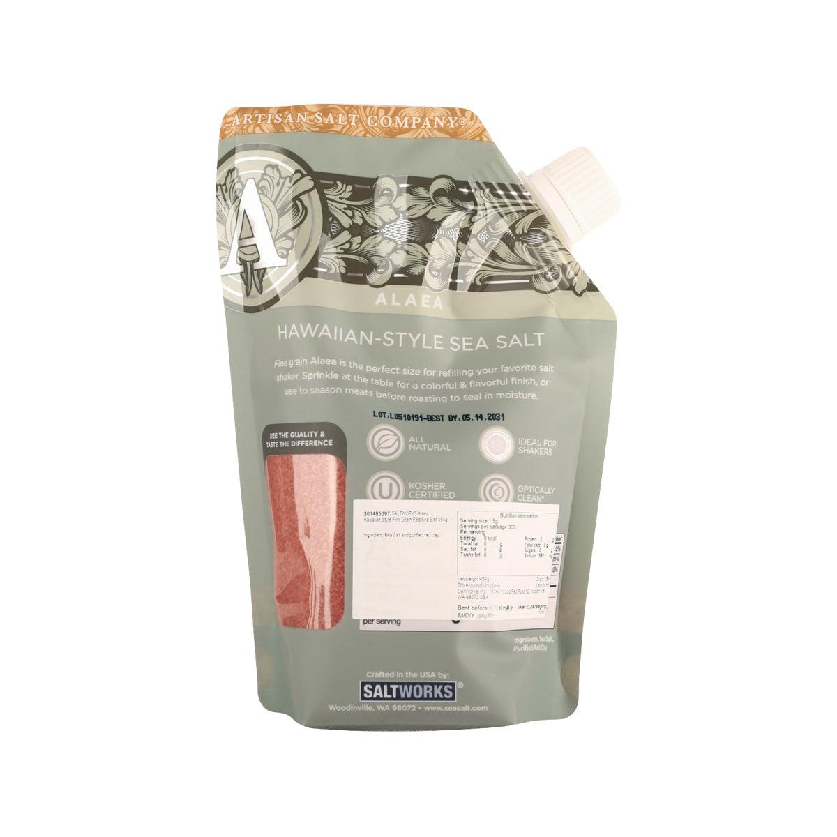 Back of Hawaiian-style fine grain red sea salt pouch with label details