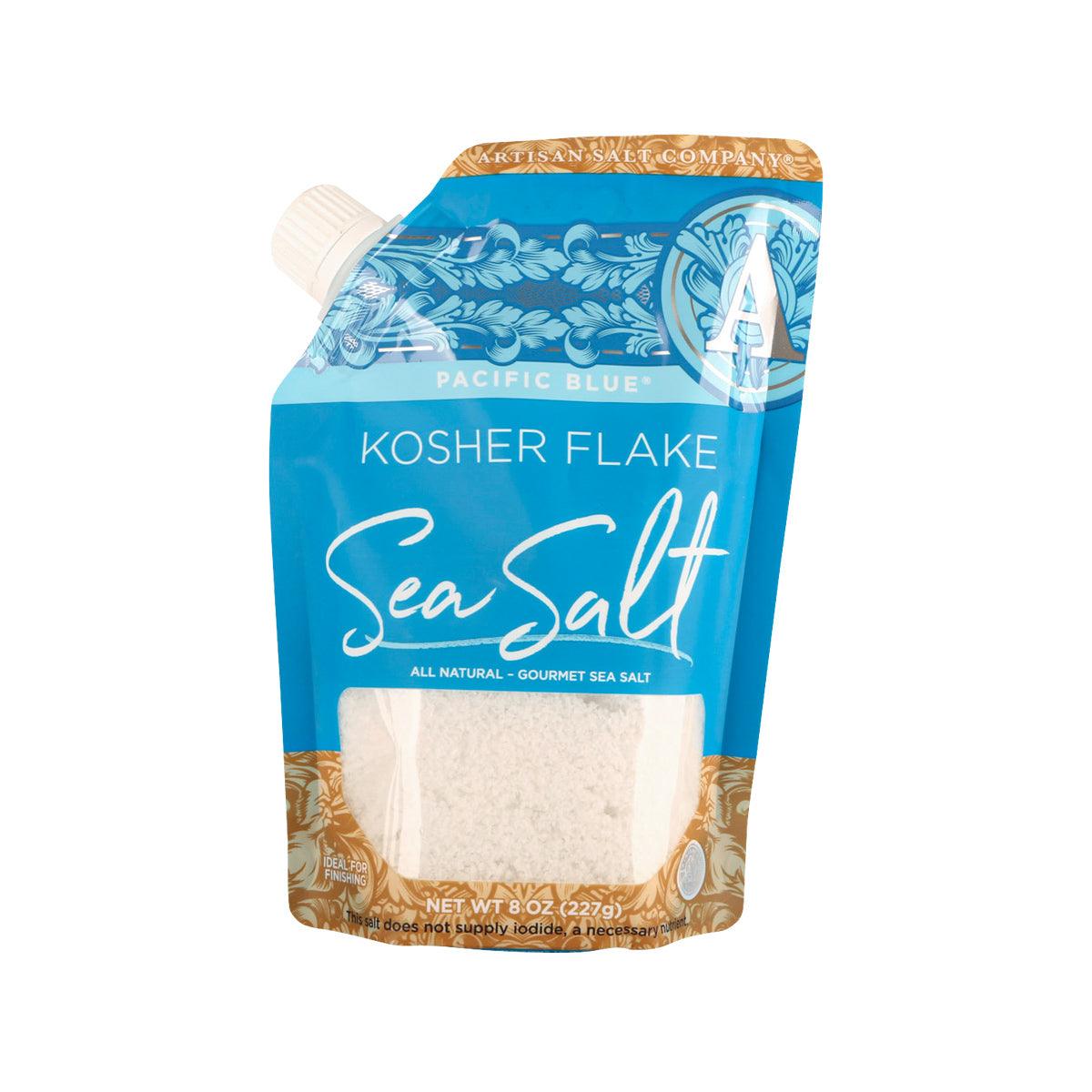 Kosher flake sea salt pouch with Pacific Blue design and visible white salt flakes
