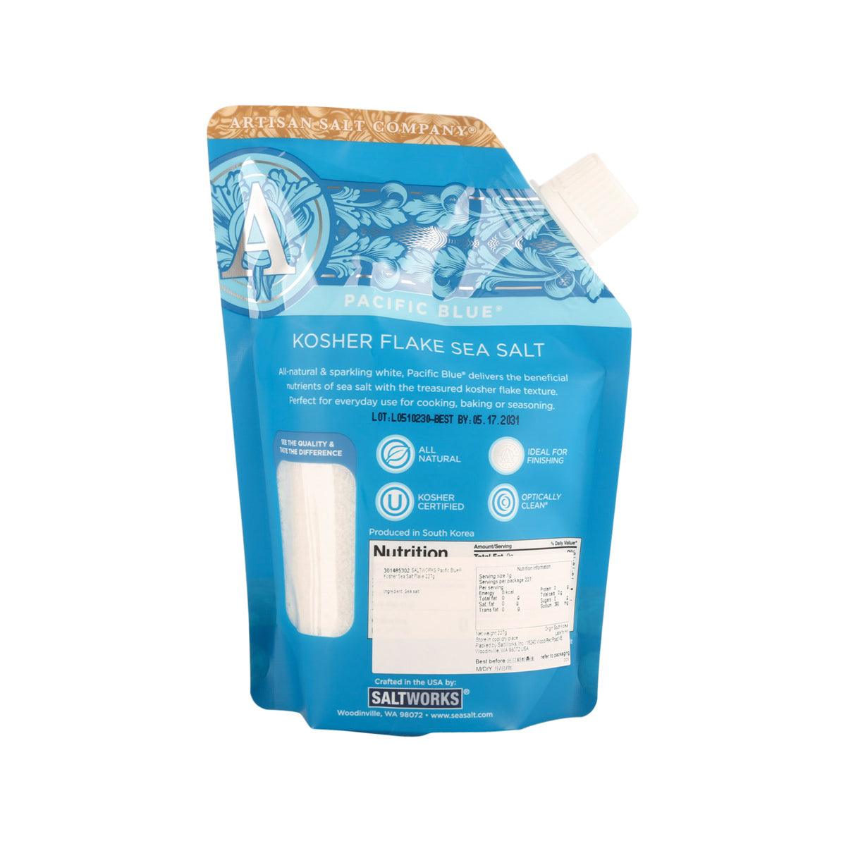 Kosher flake sea salt pouch back label with nutrition icons and certifications