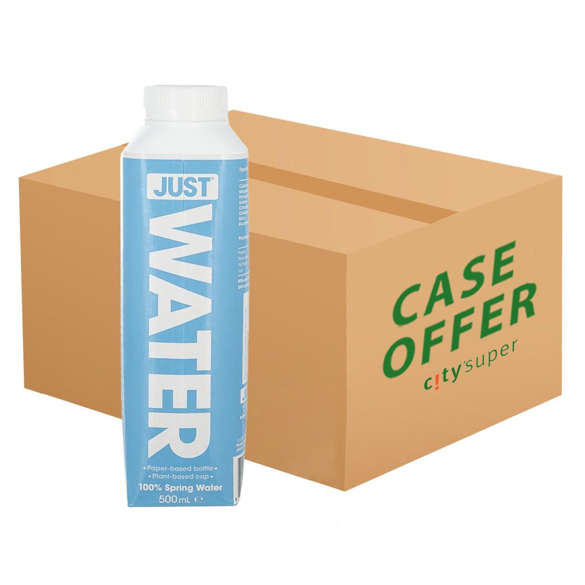 Blue 500 mL spring water bottle beside cardboard case, case offer 12-pack