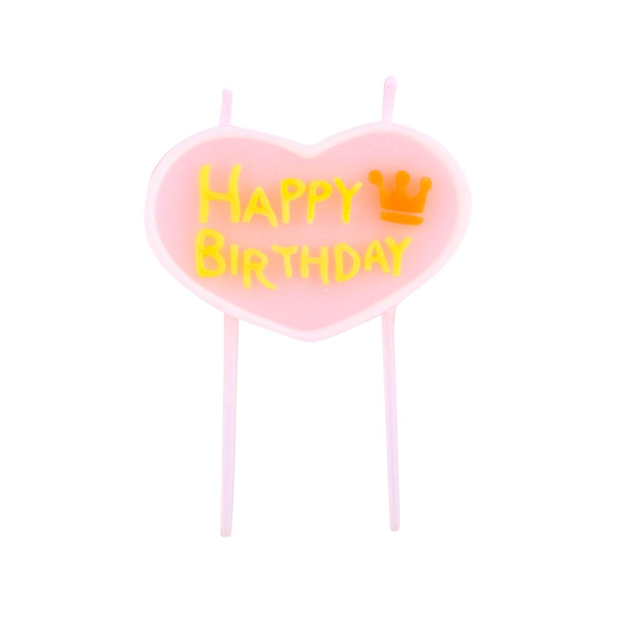 Pink heart letter candle reading “Happy Birthday” with crown on two sticks
