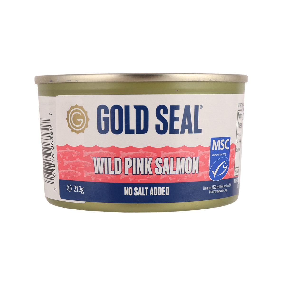 Canned wild pink salmon, no salt added, 213 g tub with label