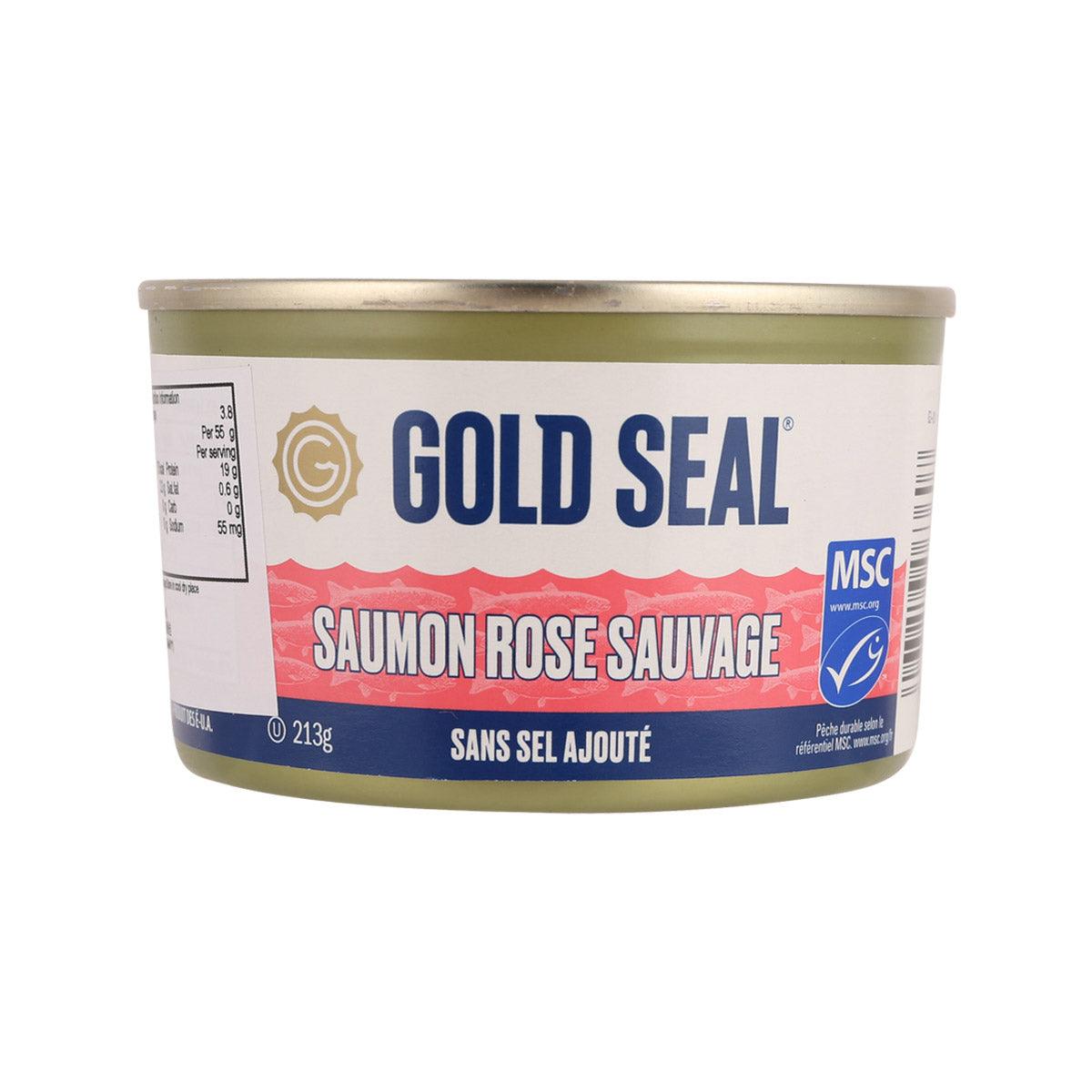 Canned wild pink salmon, no salt added, 213 g tub—side label view
