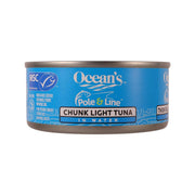 Chunk light tuna in water can, blue Ocean's Pole & Line label with MSC logo