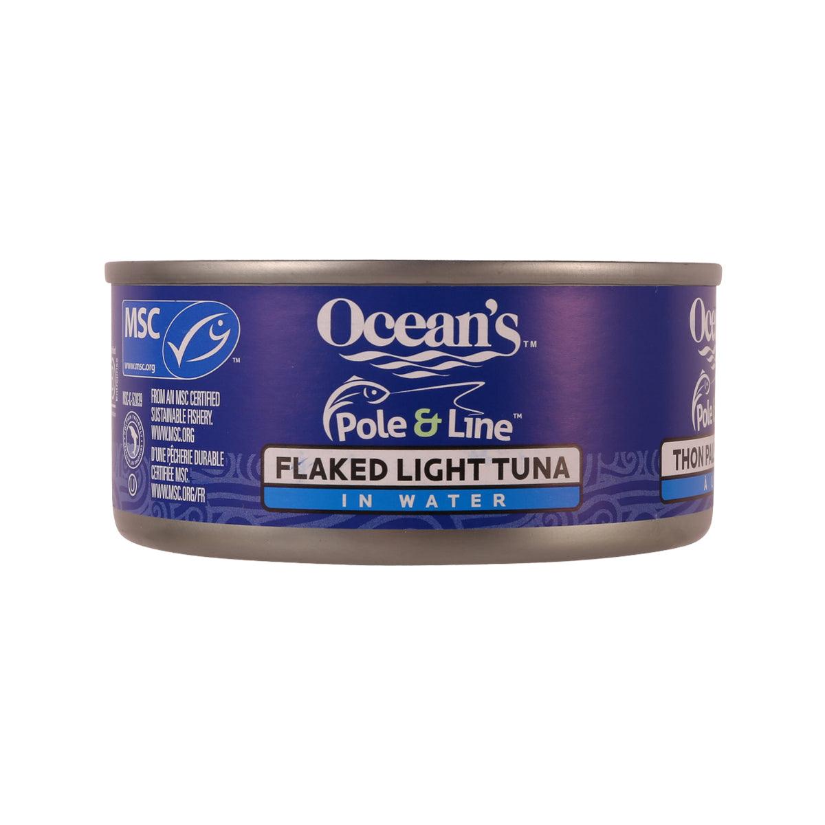 Oceans Pole & Line flaked light tuna in water can, blue front label