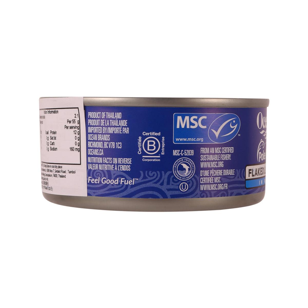 Oceans Pole & Line flaked light tuna in water can, MSC back label
