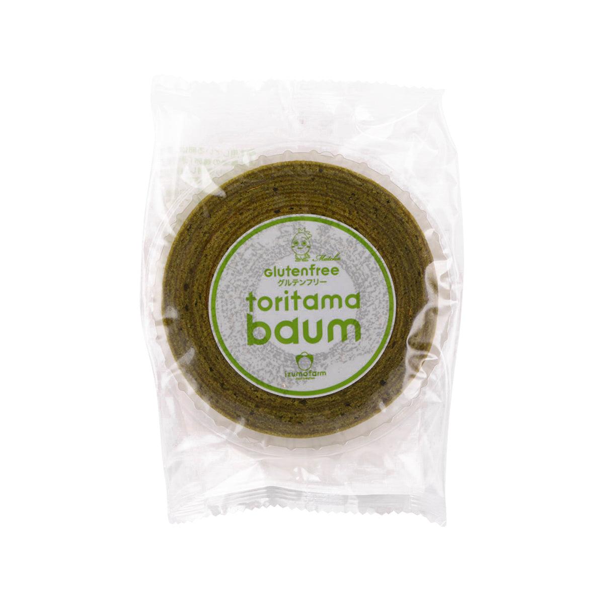 Matcha Baumkuchen round cake in clear sealed bag, green label on top