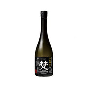 Dark glass sake bottle with black cap and gold label